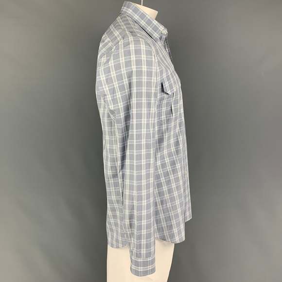PRADA Grey Light Blue Plaid Cotton Patch Pocket Long Sleeve Shirt - Picture 2 of 5